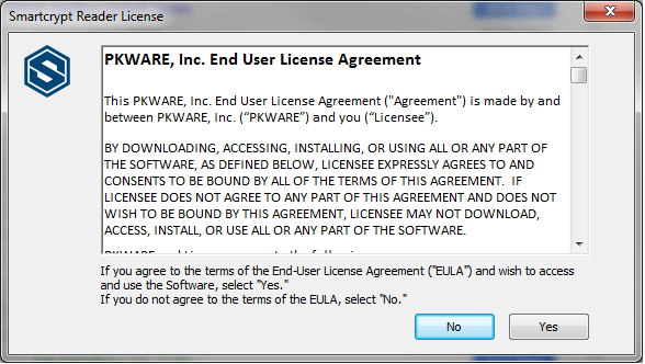 user prompt for user PKWARE Agreement