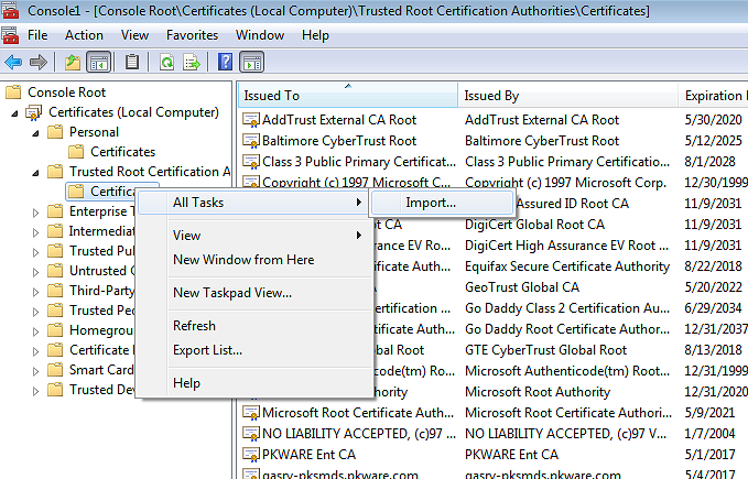Trusted Root Certificate container in MMC