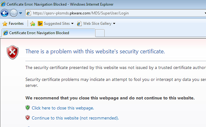 Web site with certificate warning