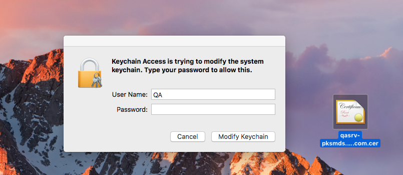 user double clicks certificate on desktop. Keychain prompt