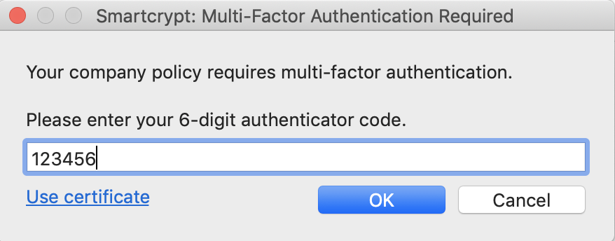 MFA Prompt asking user to enter 6 digit code