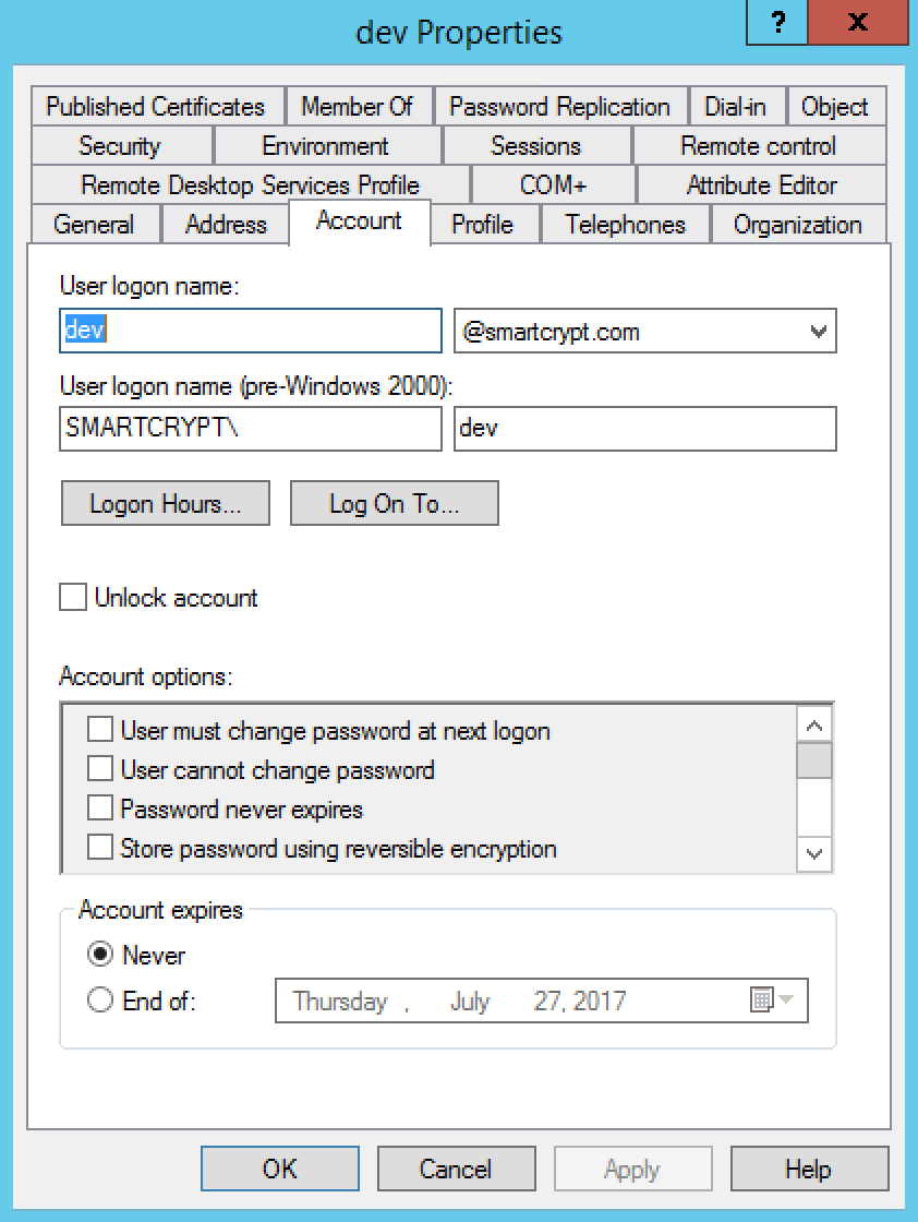 Active Directory user account tab
