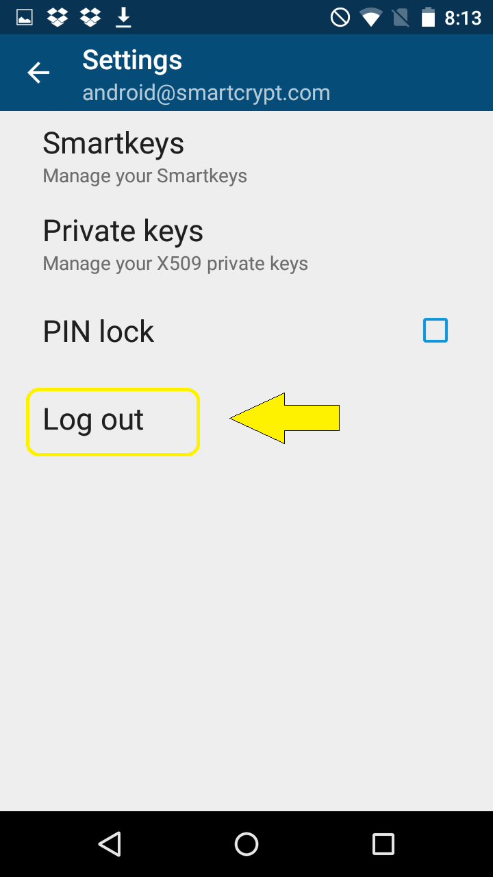 User is prompted with ability to click Smartkeys, PIN Lock, Private Keys, and Log Out