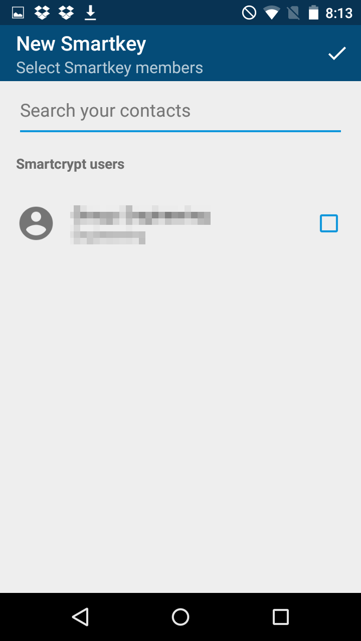 User is prompted with the new smartkey screen where the user can add their contacts to share the smartkey