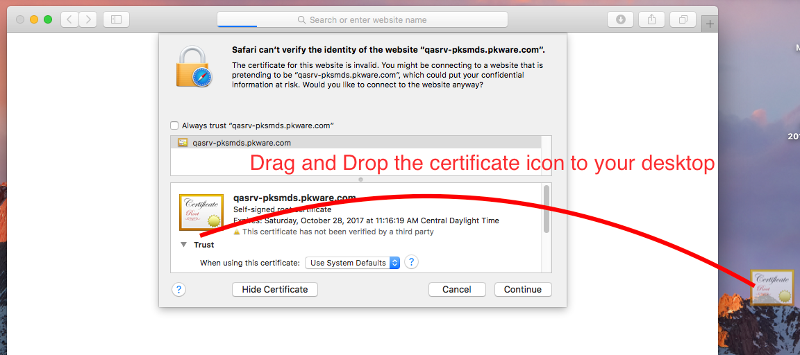 user drags and drops certificate to the desktop